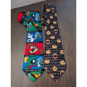 VTG Looney Toons Neck Ties Bugs Bunny Taz Daffy Duck Marvin Martian LOT OF 2